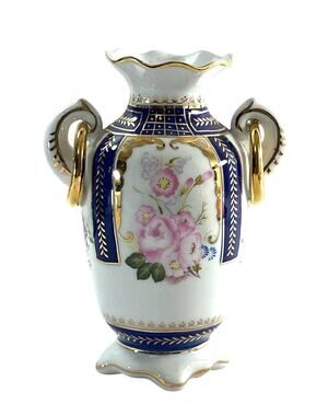 Angela 2003 Porcelain Vase Cobalt Blue Pink Floral Gold Gilt Double Handle 6”